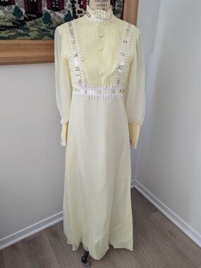 Vintage 70's  Prairie Girl  Butter Yellow Dress